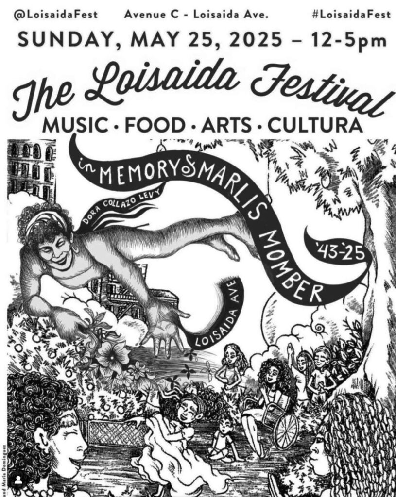 Black and white illustrated flyer for The Loisaida Festival Sunday May 25, 2025